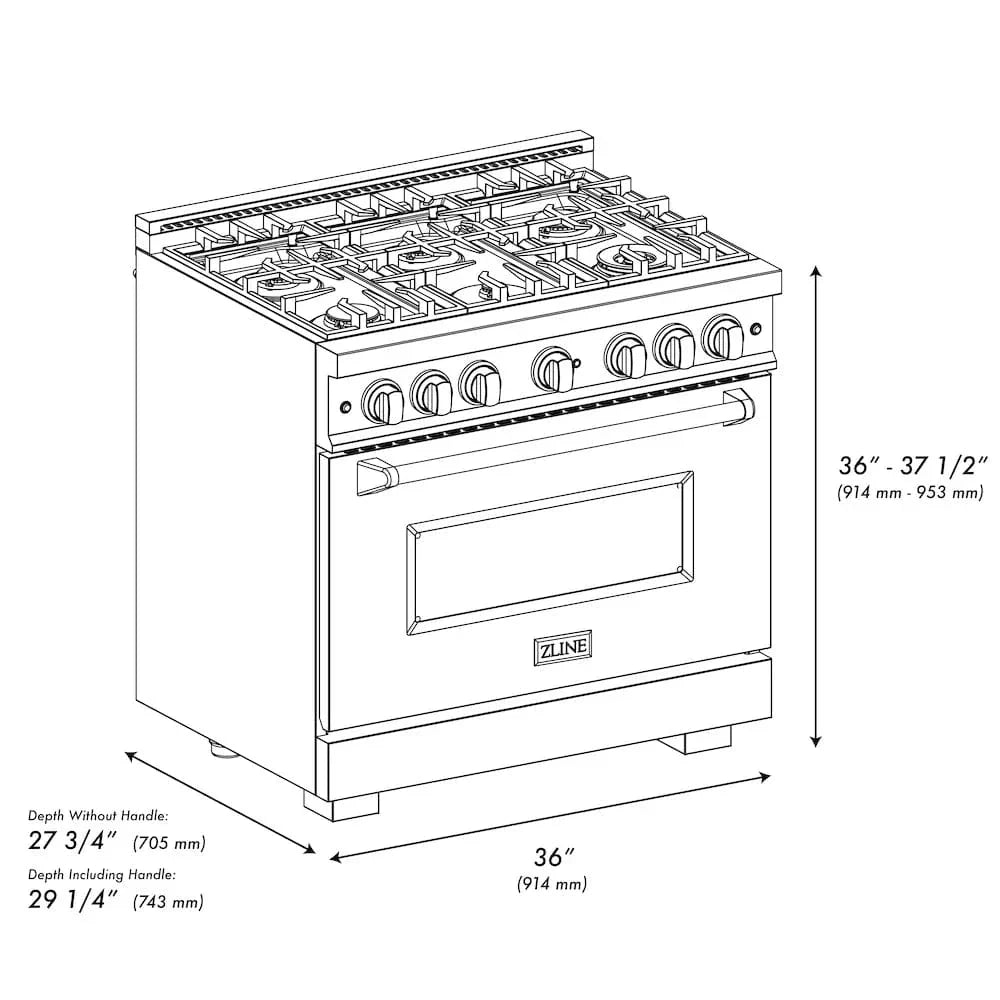 ZLINE 36" Classic Gas Range, Convection Gas Oven Black Stainless Steel Brass Burners, CGRB-BR-36