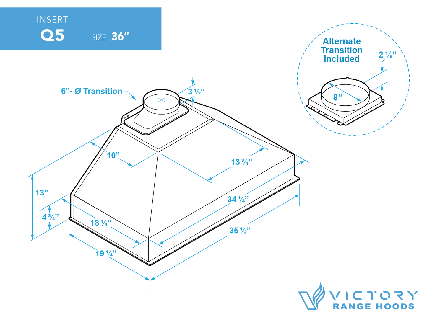 36 Inch 750 CFM Range Hood Insert - VICTORY Q5 (12V)