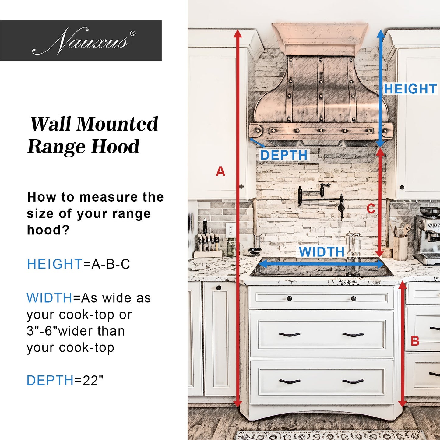 NAUXUS Handcrafted Custom Kitchen Copper Range Hood Wall/Island Mount, HCW22PC