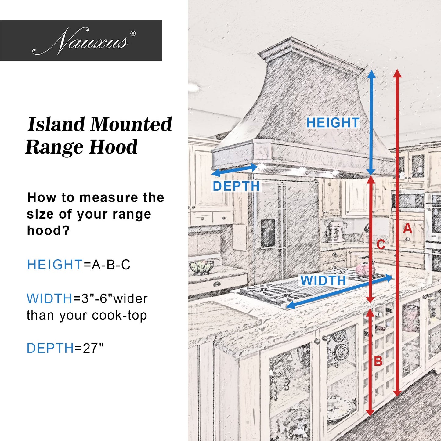 NAUXUS Handcrafted Copper Range Hood Wall/Island Mount, HCW220C