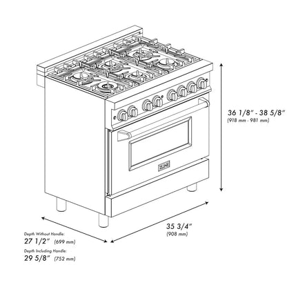 ZLINE 36" Bundle Range RA-BLM-36 &  Wall Range Hood KB-36, 2KP-RABLMRH36