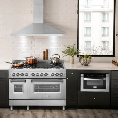 ZLINE 48" Bundled Stainless Dual Range, Range Hood, Microwave, 3KP-RARH48-MW