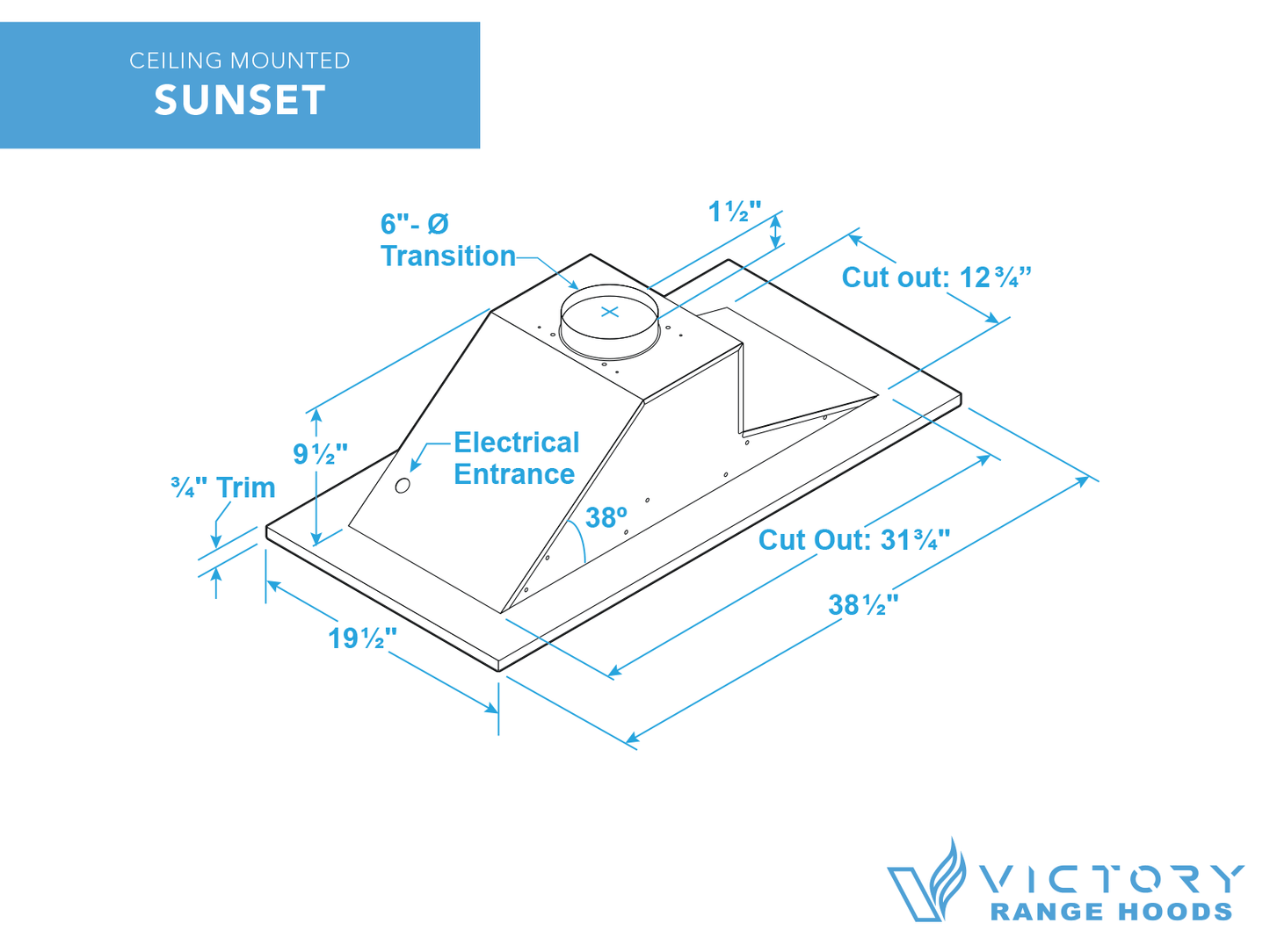 600 CFM White Flush Ceiling Mount Range Hood - VICTORY Sunset
