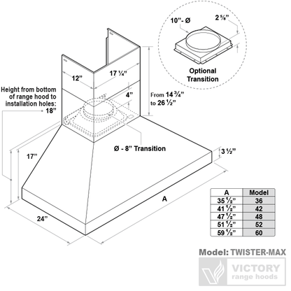36 Inch 1200 CFM Wall Mount Range Hood - VICTORY TwisterMAX