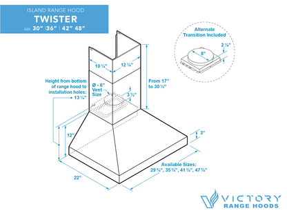 36 Inch 750 CFM Wall Mount Range Hood - VICTORY Twister