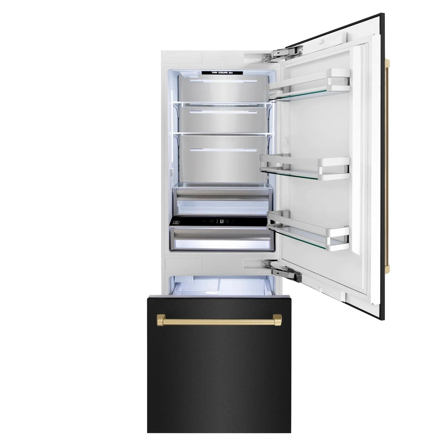 ZLINE 30" Autograph 16.1 cu. ft. 2-Door Bottom Freezer Fridge Water/Ice Dispenser Black Stainless Steel Champagne Bronze Accents RBIVZ-BS-30-CB