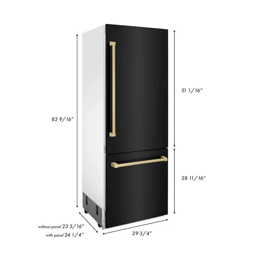 ZLINE 30" Autograph 16.1 cu. ft. 2-Door Bottom Freezer Fridge Water/Ice Dispenser Black Stainless Steel Champagne Bronze Accents RBIVZ-BS-30-CB
