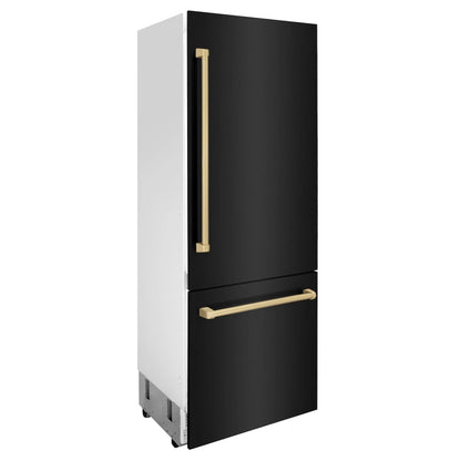 ZLINE 30" Autograph 16.1 cu. ft. 2-Door Bottom Freezer Fridge Water/Ice Dispenser Black Stainless Steel Champagne Bronze Accents RBIVZ-BS-30-CB
