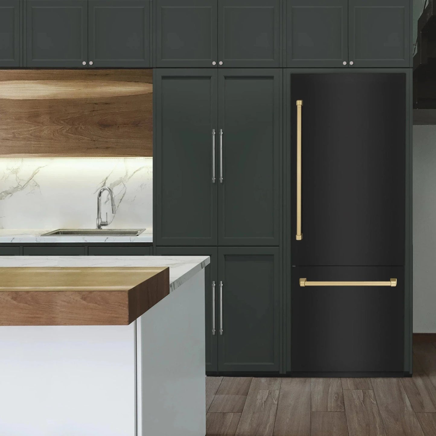 ZLINE 30" Autograph 16.1 cu. ft. 2-Door Bottom Freezer Fridge Water/Ice Dispenser Black Stainless Steel Champagne Bronze Accents RBIVZ-BS-30-CB