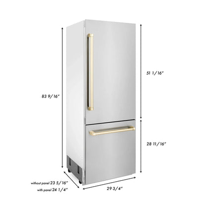 ZLINE 30” Autograph 16.1 cu. ft. 2-Door Bottom Freezer Fridge Water/Ice Dispenser Stainless Steel Gold Accents RBIVZ-304-30-G