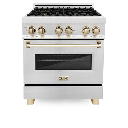 ZLINE 30" Autograph Dual Fuel Range, DuraSnow Stainless, Gold, RASZ-SN-30-G