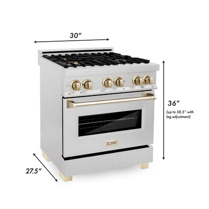 ZLINE 30" Autograph Dual Fuel Range, DuraSnow Stainless, Gold, RASZ-SN-30-G