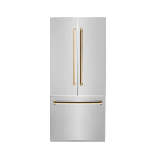 ZLINE 36" Autograph 19.6 cu. ft. 2-Door Bottom Freezer Fridge Water/Ice Dispenser Stainless Steel Champagne Bronze Accents RBIVZ-304-36-CB