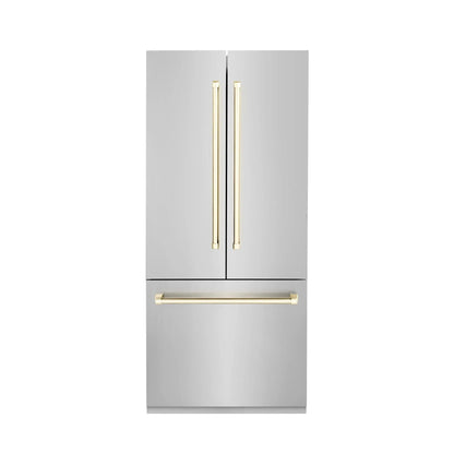 ZLINE 36” Autograph 19.6 cu. ft. 2-Door Bottom Freezer Fridge Water/Ice Dispenser Stainless Steel Gold Accents RBIVZ-304-36-G