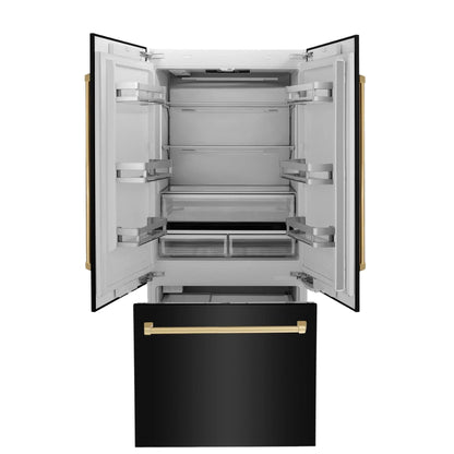 ZLINE 36" Autograph 19.6 cu. ft. 3-Door French Door Fridge Water/Ice Dispenser Black Stainless Steel Gold Accents RBIVZ-BS-36-G