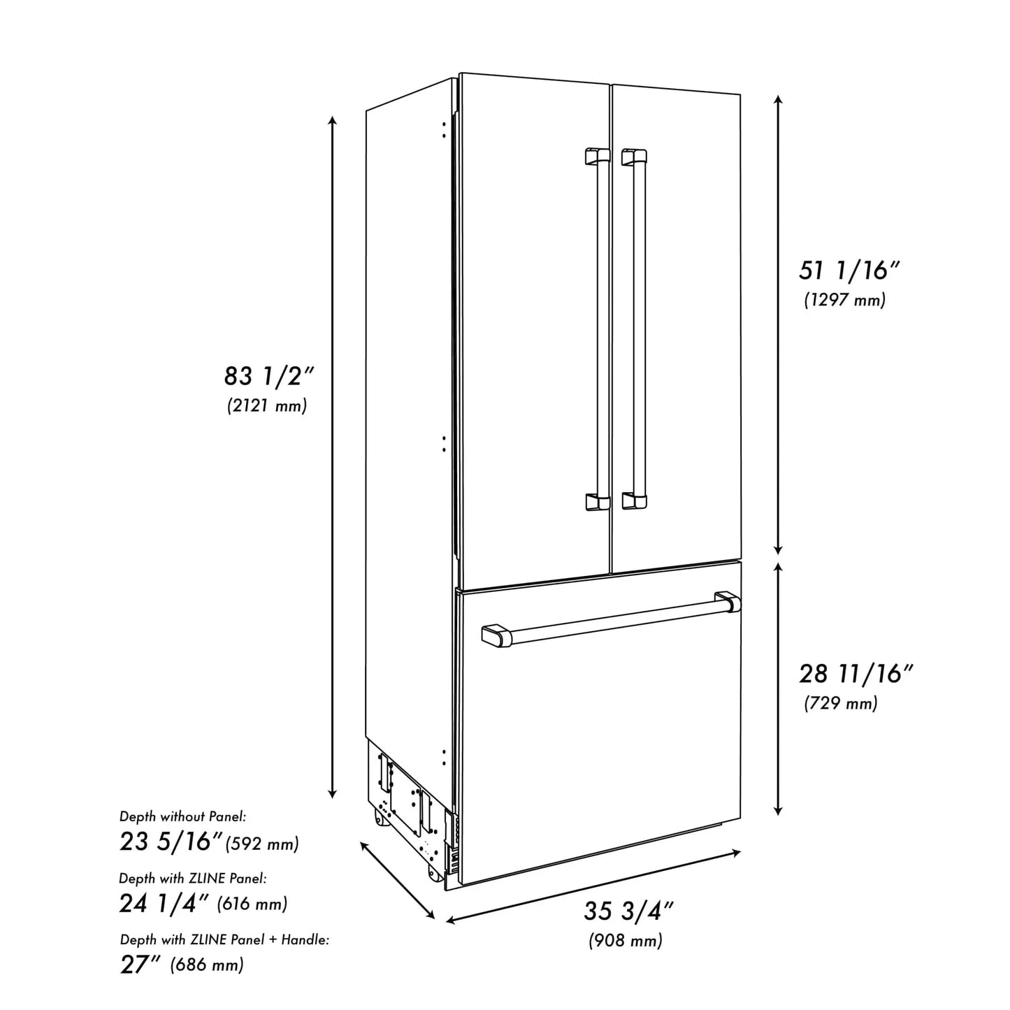 ZLINE Autograph Edition French Door Refrigerator, Internal Water, Ice Dispenser, White Matte, Champagne Bronze Accents RBIVZ-WM