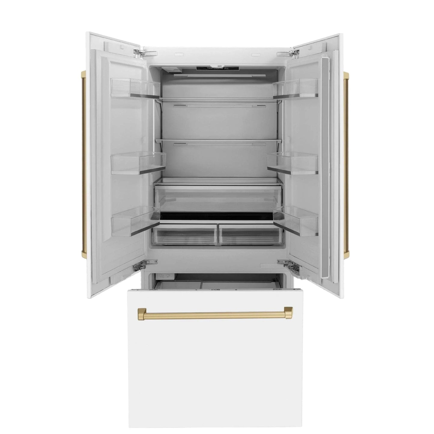 ZLINE Autograph Edition French Door Refrigerator, Internal Water, Ice Dispenser, White Matte, Champagne Bronze Accents RBIVZ-WM