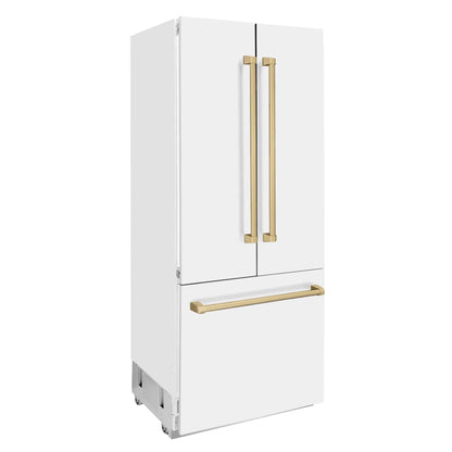 ZLINE Autograph Edition French Door Refrigerator, Internal Water, Ice Dispenser, White Matte, Champagne Bronze Accents RBIVZ-WM