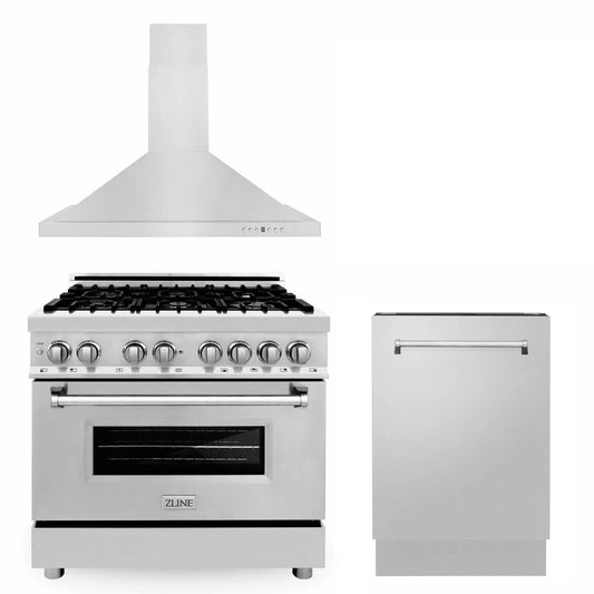 ZLINE 36" Bundled Stainless DualRange RangeHood Dishwasher 3KP-RARH36-DWV