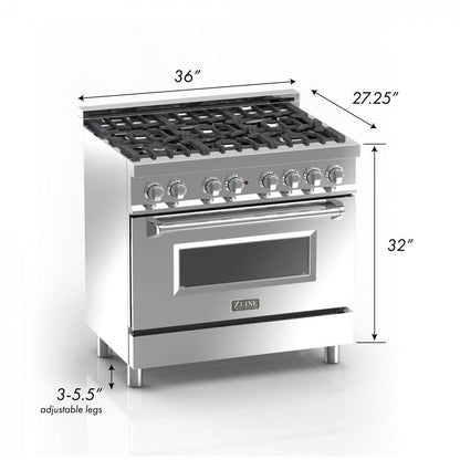 ZLINE 36" Professional Dual Fuel Range, Snow Stainless, Red Matte Door, RAS-RM-36