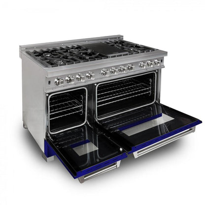 ZLINE 48" Dual Fuel Range Snow Stainless, Blue Matte Door, RAS-BM-48