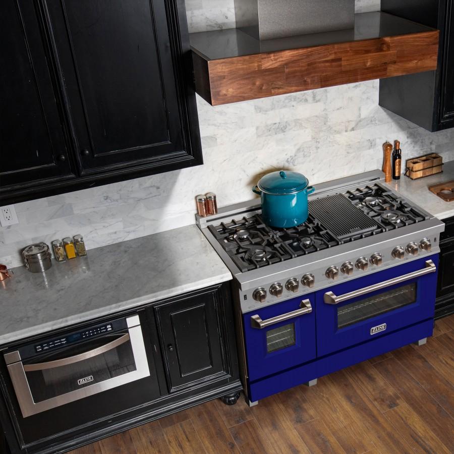 ZLINE 48" Dual Fuel Range Snow Stainless, Blue Matte Door, RAS-BM-48